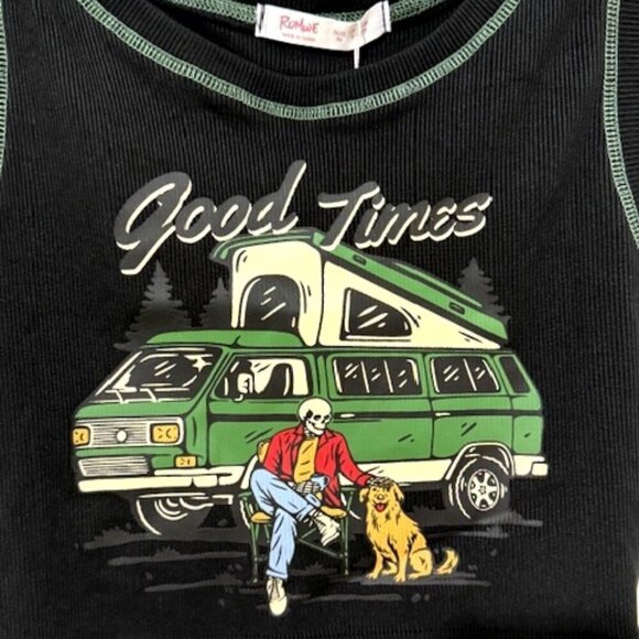 Romwe Crop Tank Top Black Ribbed Good Times Skeleton Camping w/ Dog Size M - Picture 2 of 4